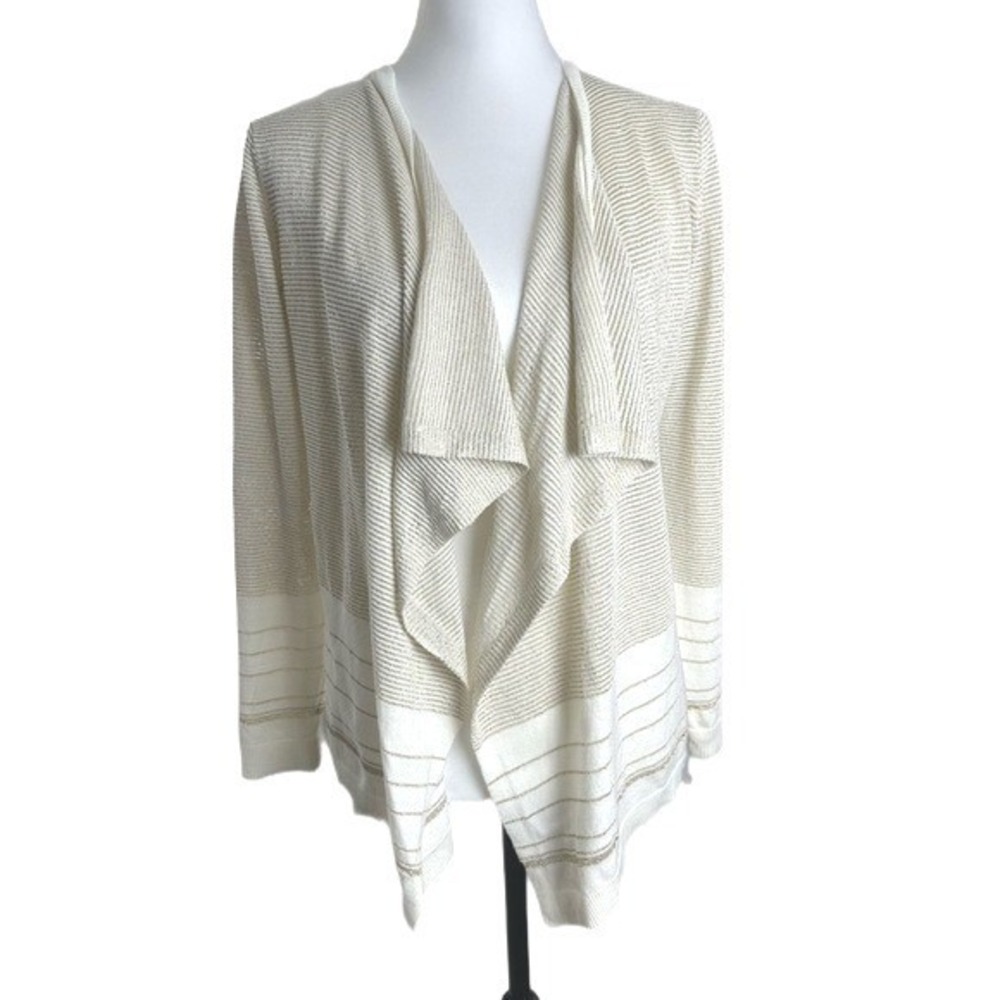 Calvin Klein Cream & Gold Metallic Stripe Swingy Flyaway Lurex Cardigan Sz S
